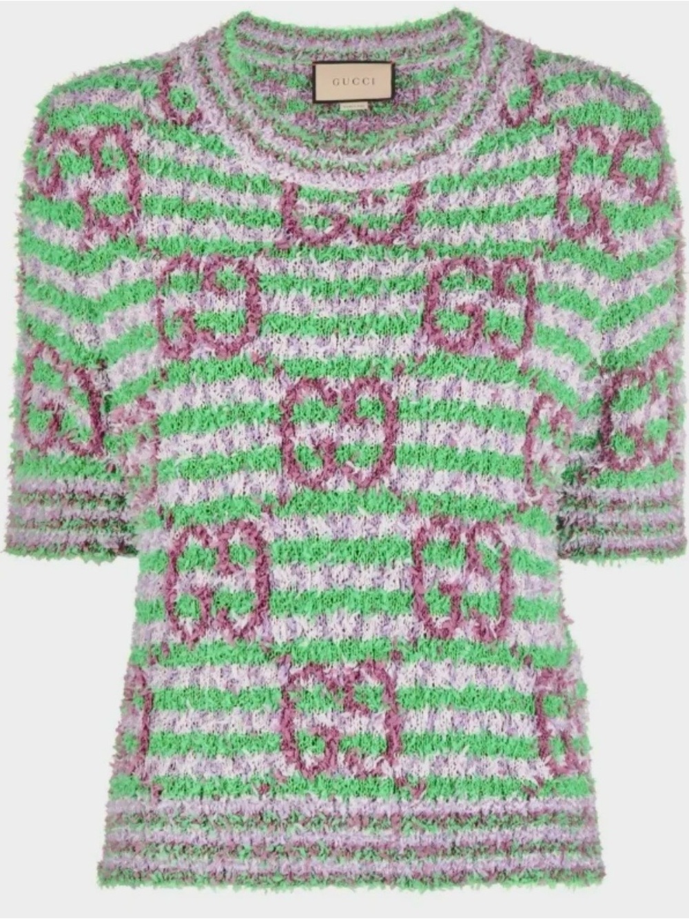 Gucci GG Knit Top, Mint Green, Light Pink & Lilac Stripe Logo Sweater Top